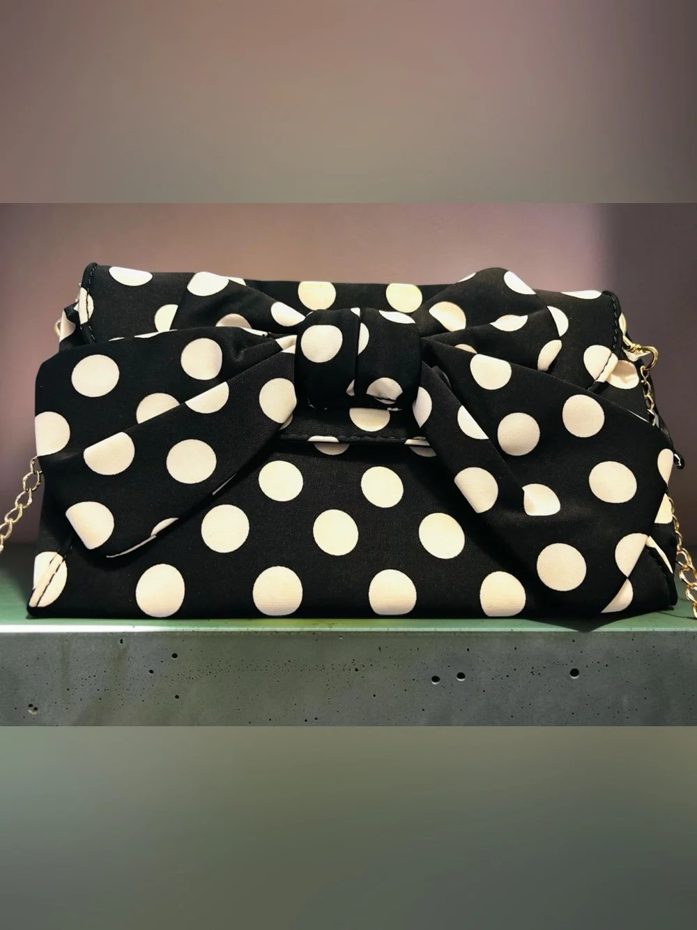 Lulu Guinness Black Polka Dot Bow Clutch with Gold Chain